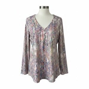 ZOLUCKY XXL Abstract Watercolor Print Long Sleeve Tunic Top V-Neck Boho EUC